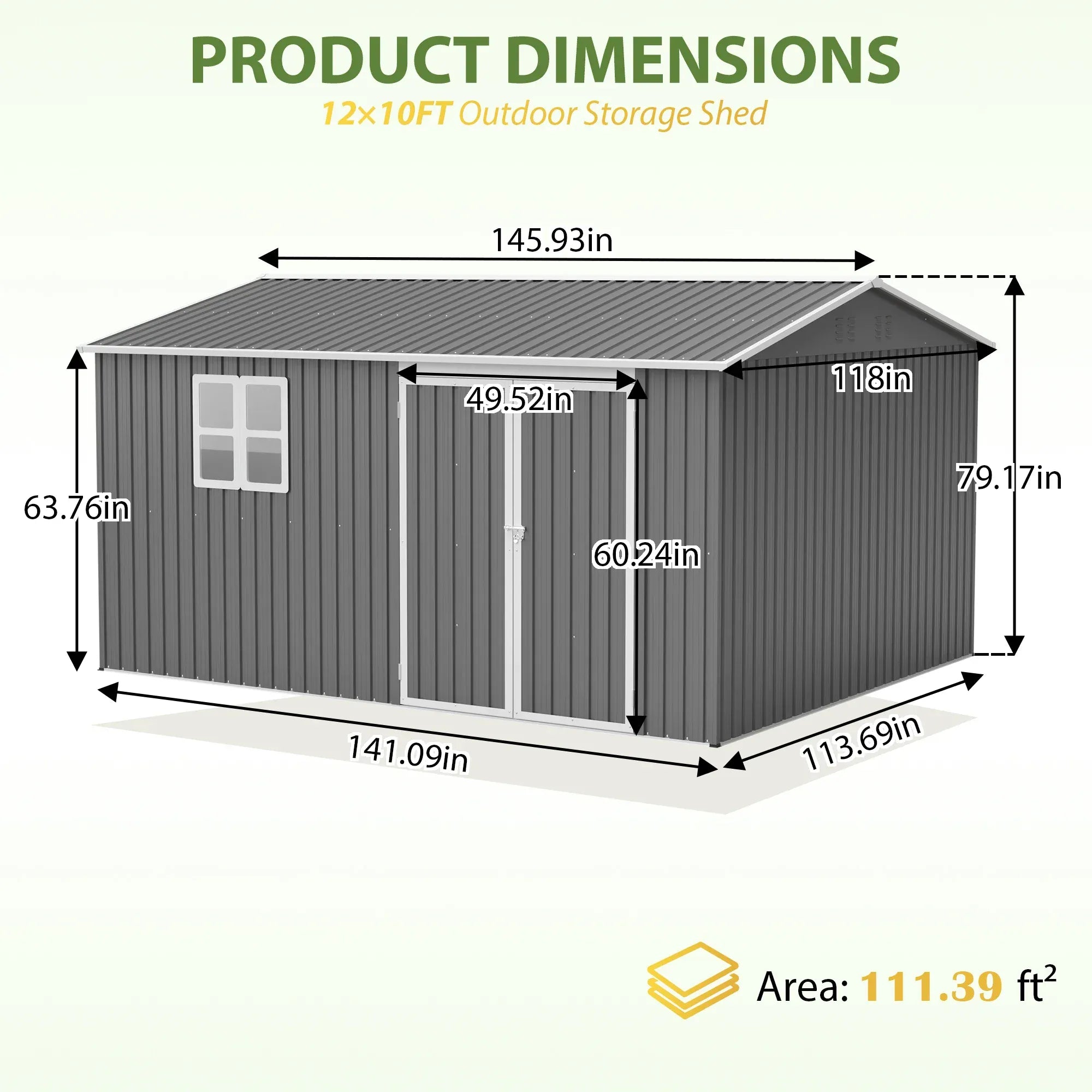 12x10FT Grey Metal Outdoor Storage Shed