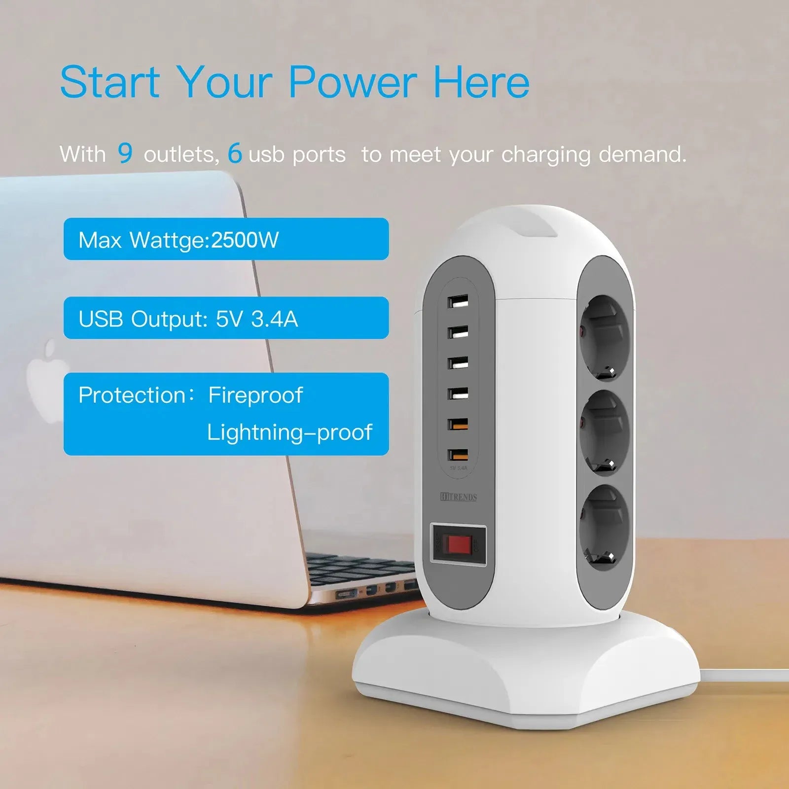 15-in-1 tower power strip 2500W, 9 sockets, 6 USB charging ports, retractable 1.8-meter extension cord expansion plug