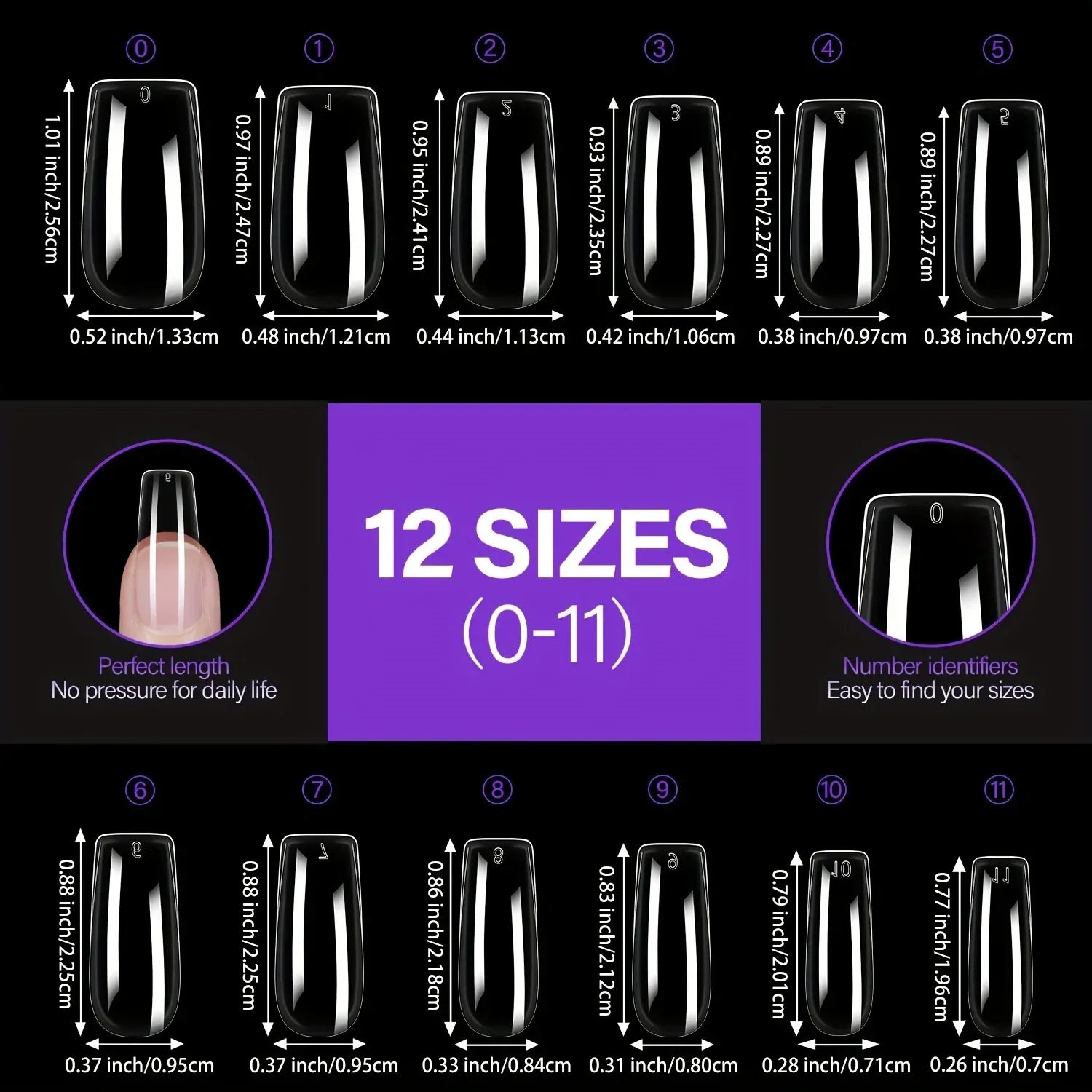 192 pieces of transparent acrylic fake nails, almond oval coffin square, suitable for nail art and home DIY nail making products