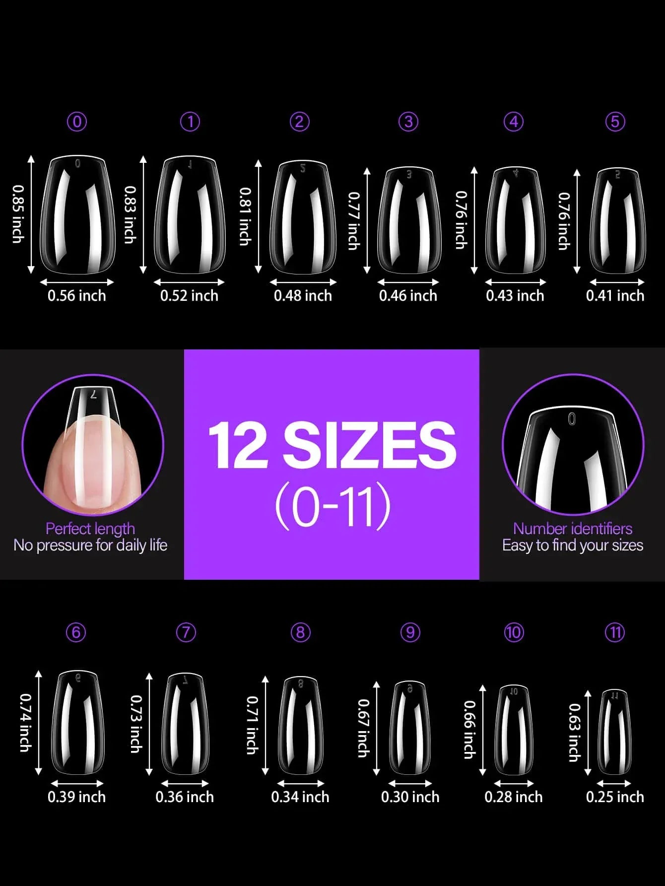 192 pieces of transparent acrylic fake nails, almond oval coffin square, suitable for nail art and home DIY nail making products