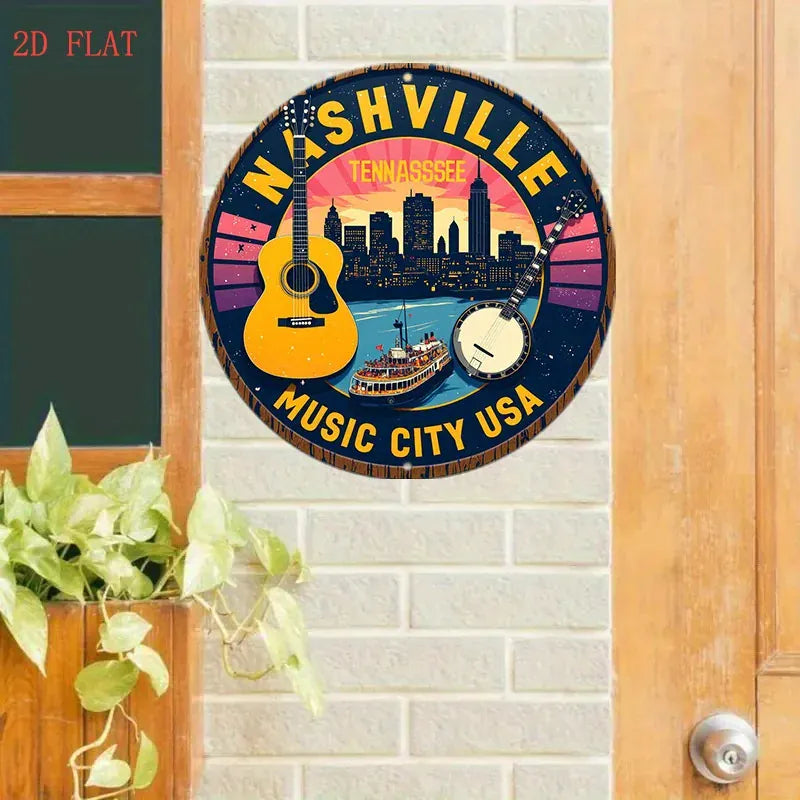 1pc Nashville Tennessee Music City USA Metal Wall Decor - Country Music-Themed Round Sign with Guitar, Banjo, and Skyline - Vint