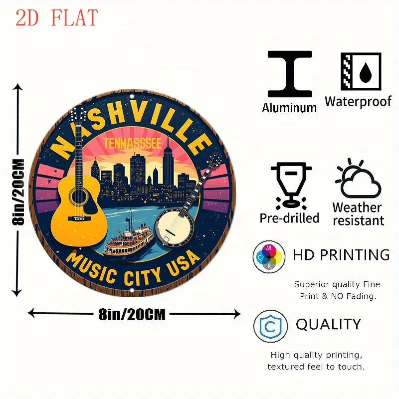 1pc Nashville Tennessee Music City USA Metal Wall Decor - Country Music-Themed Round Sign with Guitar, Banjo, and Skyline - Vint