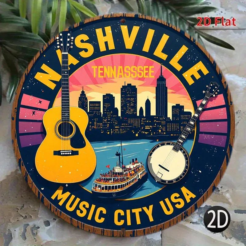 1pc Nashville Tennessee Music City USA Metal Wall Decor - Country Music-Themed Round Sign with Guitar, Banjo, and Skyline - Vint