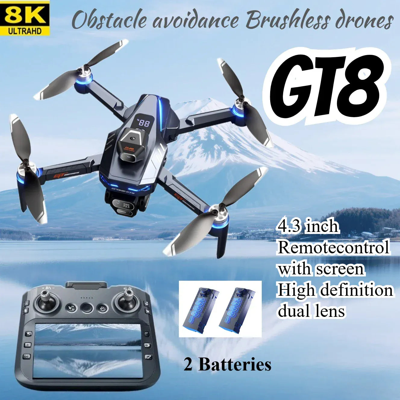 GT8 Drone 4K HD Camera Obstacle Avoidance Aerial Photography Brushless Drone with Screen Foldable RC Drone Quadcopter RTF