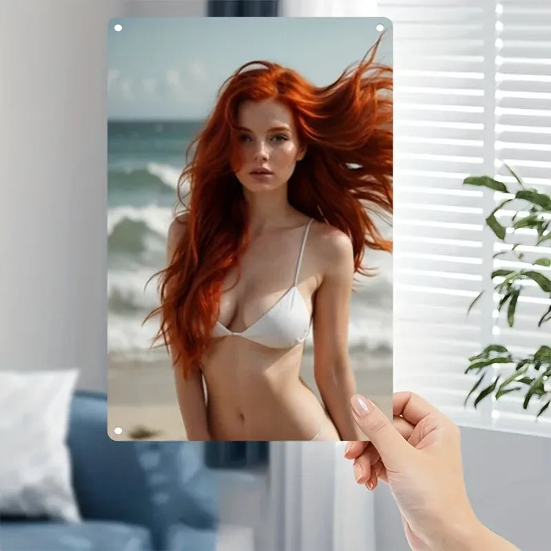 Metal Wall Art Sign - Beach Bikini Lady Poster in Elegant Iron Frame, 2D Home Decor for Living Room, Bar, Cafe, Bedroom - Durabl