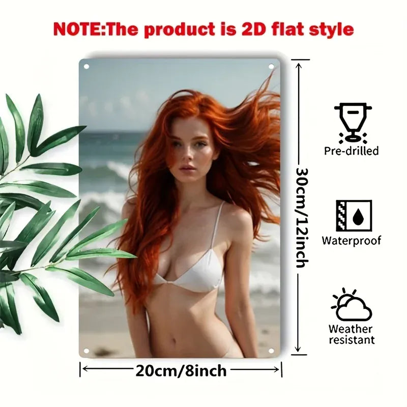 Metal Wall Art Sign - Beach Bikini Lady Poster in Elegant Iron Frame, 2D Home Decor for Living Room, Bar, Cafe, Bedroom - Durabl