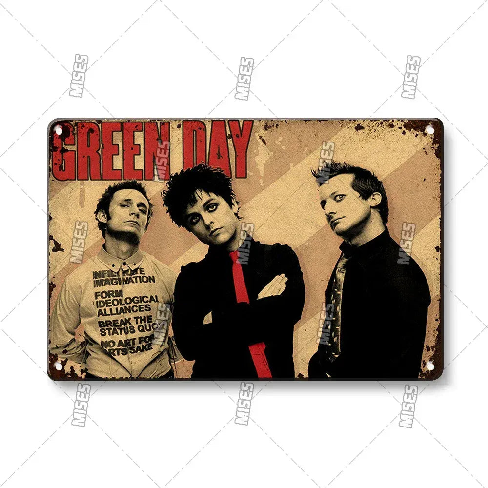 MISES Green Day Metal Plaque Poster Punk Rock Music Metal Plate Nostalgic Metal Tin Sign Retro Decorative Plate Industrial Decor