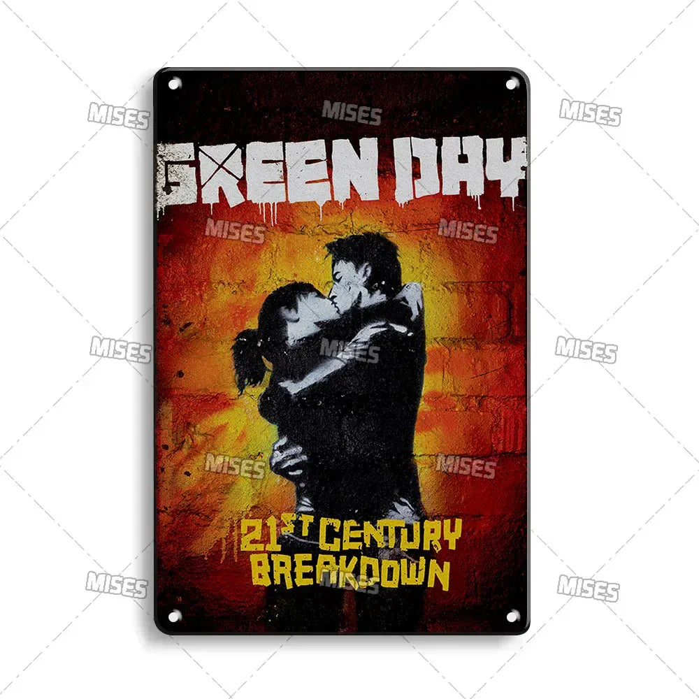 MISES Green Day Metal Plaque Poster Punk Rock Music Metal Plate Nostalgic Metal Tin Sign Retro Decorative Plate Industrial Decor