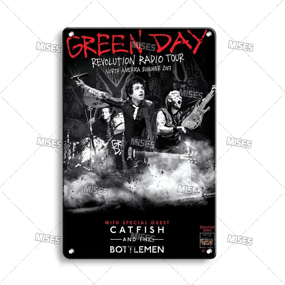 MISES Green Day Metal Plaque Poster Punk Rock Music Metal Plate Nostalgic Metal Tin Sign Retro Decorative Plate Industrial Decor