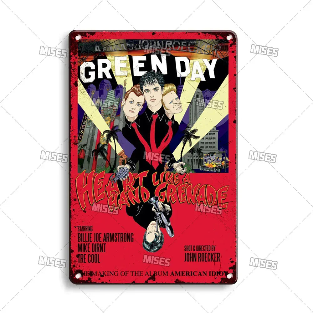 MISES Green Day Metal Plaque Poster Punk Rock Music Metal Plate Nostalgic Metal Tin Sign Retro Decorative Plate Industrial Decor