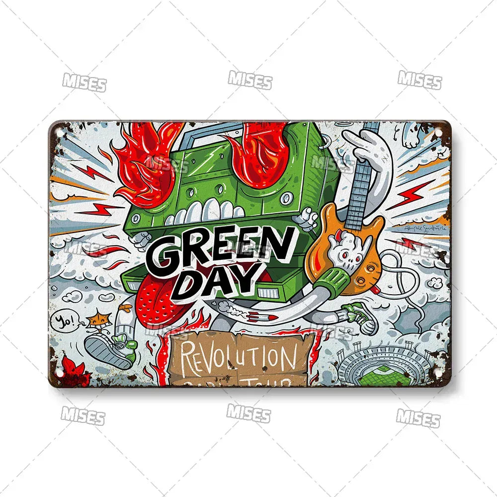 MISES Green Day Metal Plaque Poster Punk Rock Music Metal Plate Nostalgic Metal Tin Sign Retro Decorative Plate Industrial Decor