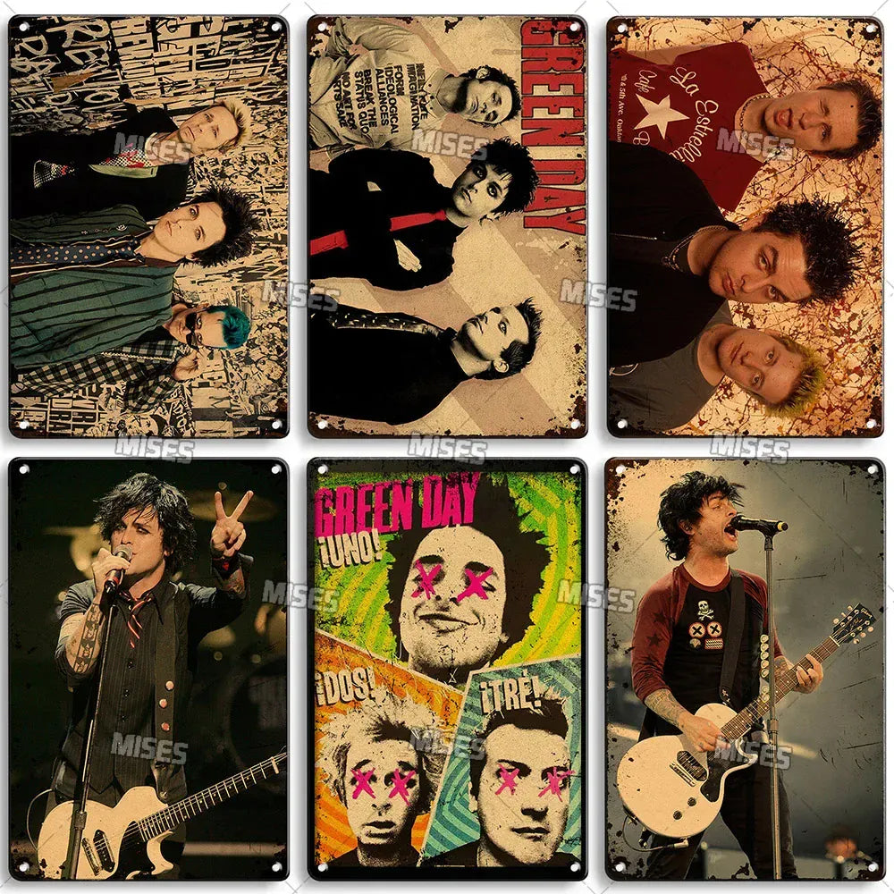 MISES Green Day Metal Plaque Poster Punk Rock Music Metal Plate Nostalgic Metal Tin Sign Retro Decorative Plate Industrial Decor