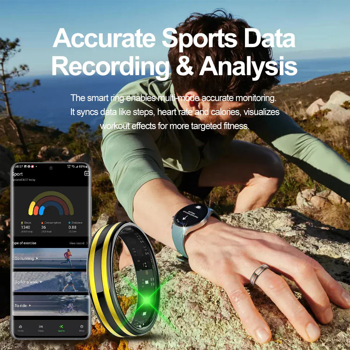 Smart Ring - Fitness Tracker with Sleep Monitor, Pedometer & 20+ Exercise Modes, IP68 Waterproof, USB Rechargeable, Stainless S