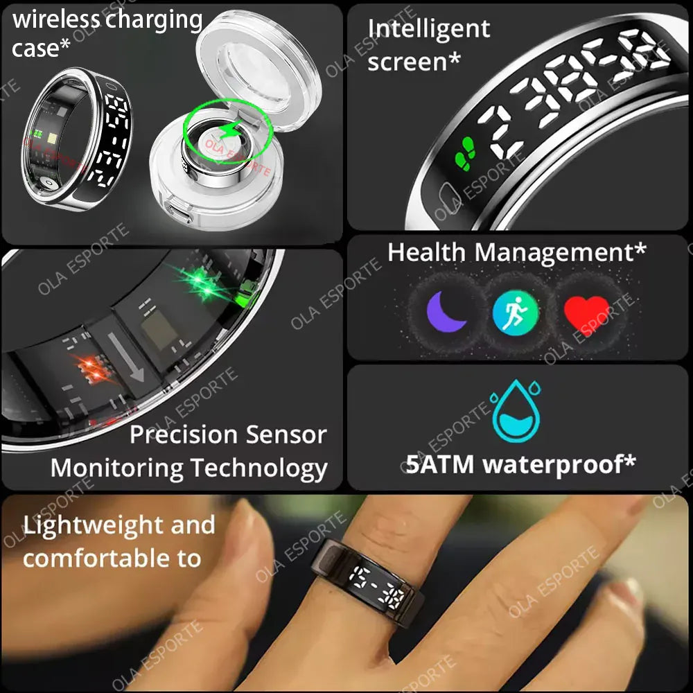 Smart Ring with Charging Case for Men Women, Display Screen, Health Monitor, 5ATM Waterproof,Multiple Sport Mode For Android IOS
