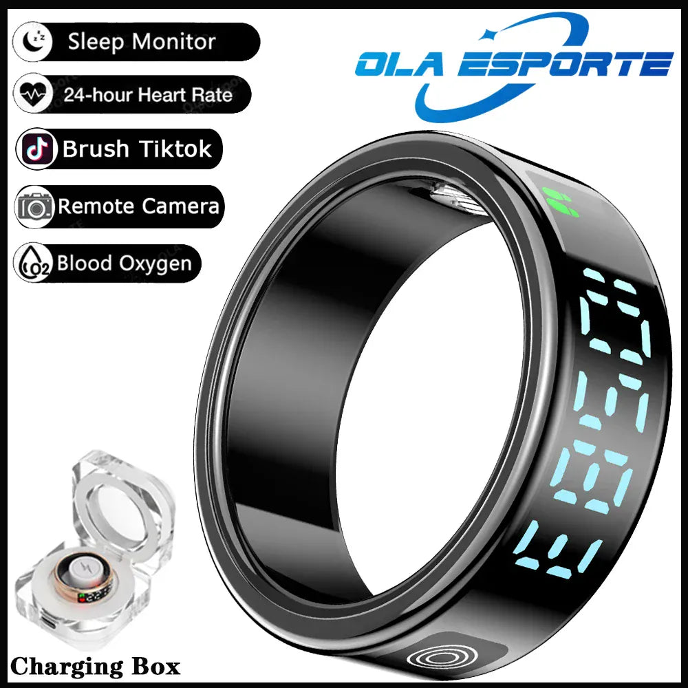 SR08 Smart Ring with Charging Box for Men Women LED Display Screen Gesture Control Health Monitor 5ATM Waterproof Sports Rings